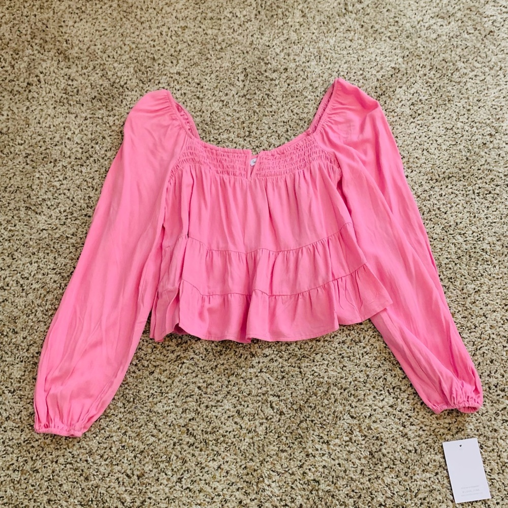 Pink Puff Sleeve Ruffled Blouse